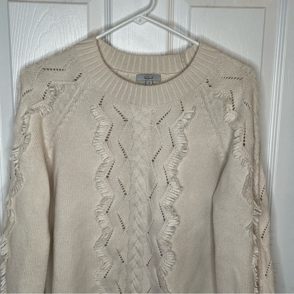 Rails Francis Pointelle Fringed Cable Knit Lambswool Cashmere Sweater in Ivory S - Picture 4 of 11